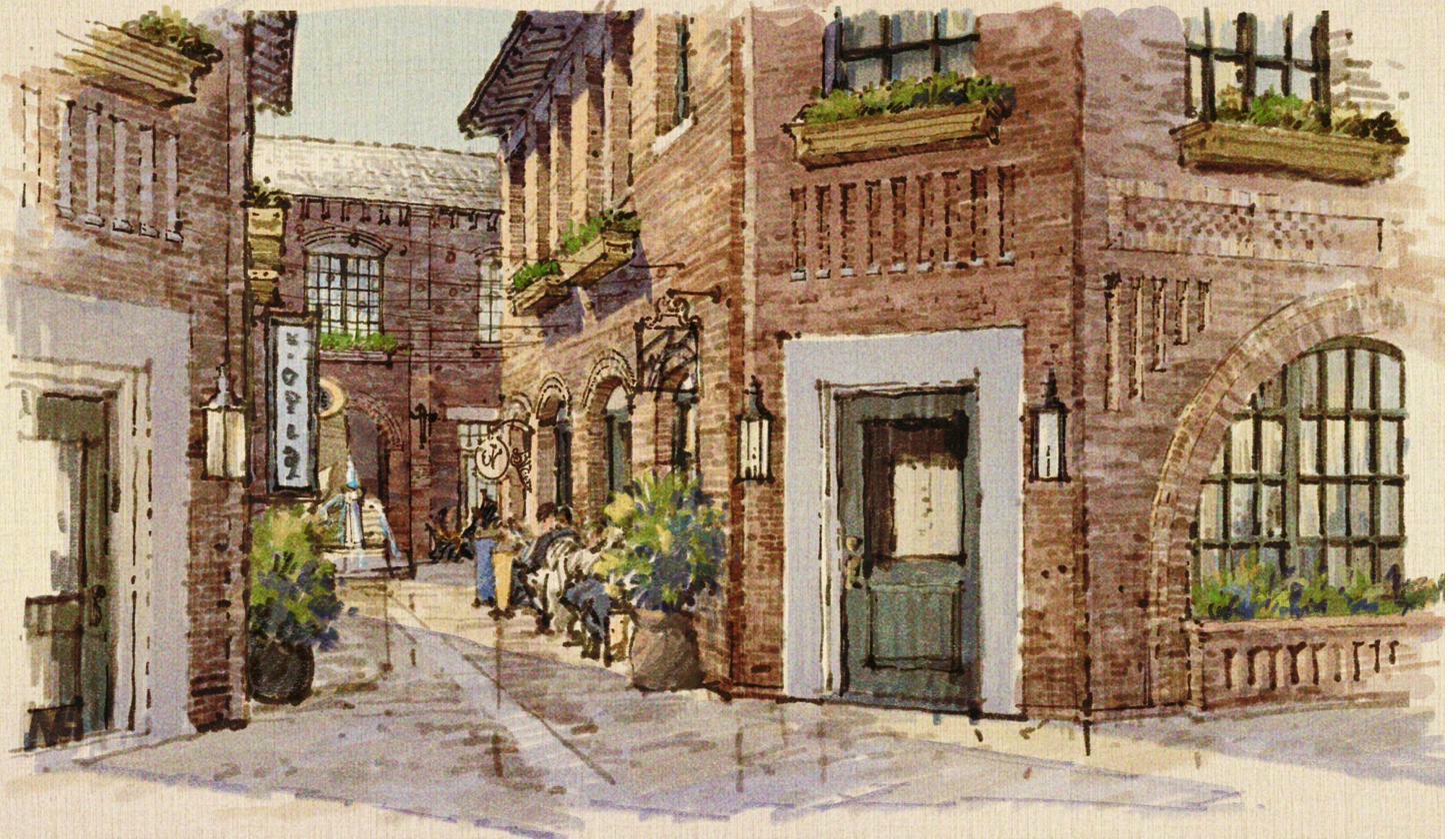 Watercolor street view of Apollo at Townsend in Downtown Edmond